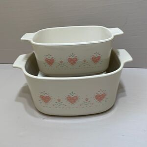 TWO CORNING WARE BAKING DISHES IN FOREVER YOURS HEARTS PATTERN